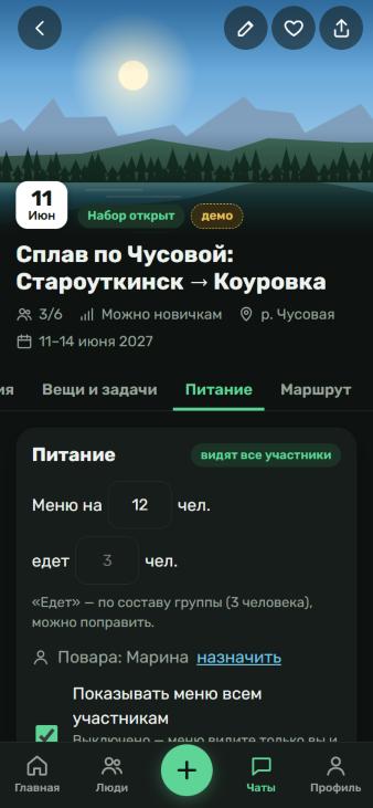 Питание — меню похода